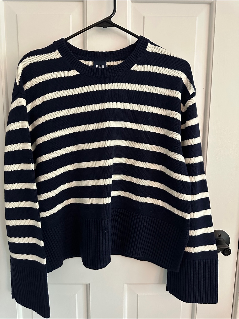 GAP Women's Navy and White Striped Cotton Crewneck Sweater